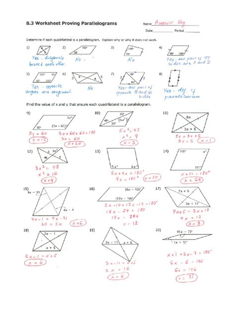 6.2 Properties of Parallelograms Answer Key